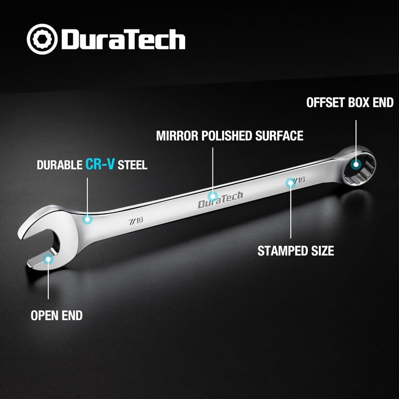 DURATECH 7/16" Combination Wrench, SAE, CR-V Constructed with Mirror Polish, 12-Point, 15-Degree Offset - Image 2